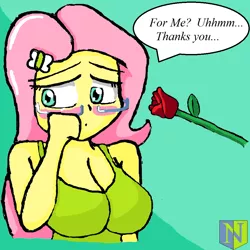 Size: 1000x1000 | Tagged: safe, artist:neutralchilean, derpibooru import, fluttershy, equestria girls, blushing, breasts, busty fluttershy, cleavage, comic, crying, dialogue, engrish, female, flower, rose, solo