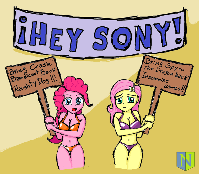 Size: 1024x896 | Tagged: suggestive, artist:neutralchilean, derpibooru import, fluttershy, pinkie pie, equestria girls, belly button, bikini, breasts, busty fluttershy, busty pinkie pie, cleavage, clothes, crash bandicoot, female, hilarious in hindsight, humanized, it happened, midriff, mouthpiece, op doesn't know where they are now, request, sony, spyro the dragon, swimsuit