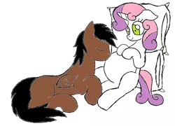 Size: 1024x737 | Tagged: safe, artist:fossildiggerpegasus, artist:lesbocarwash, color edit, derpibooru import, edit, sweetie belle, oc, oc:fossil digger, 1000 hours in ms paint, belly kisses, canon x oc, colored, kissing, ms paint, older, pillow, preggy belle, pregnant, shipping