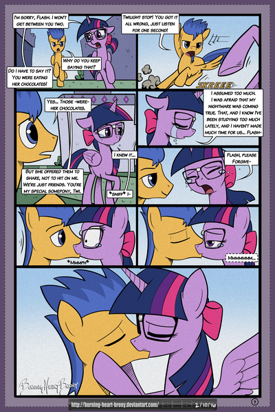 Size: 2100x3150 | Tagged: safe, artist:burning-heart-brony, derpibooru import, flash sentry, twilight sparkle, twilight sparkle (alicorn), alicorn, pegasus, pony, comic:friendship isnt canon, bow, chase, comic, crying, female, flashlight, glasses, hair bow, kissing, male, mare, shipping, straight