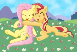 Size: 1763x1185 | Tagged: safe, artist:majkashinoda626, derpibooru import, fluttershy, sunset shimmer, pegasus, pony, unicorn, cute, eyes closed, female, flower, grass, hug, lesbian, shimmerbetes, shipping, shyabetes, sitting, smiling, sunshyne