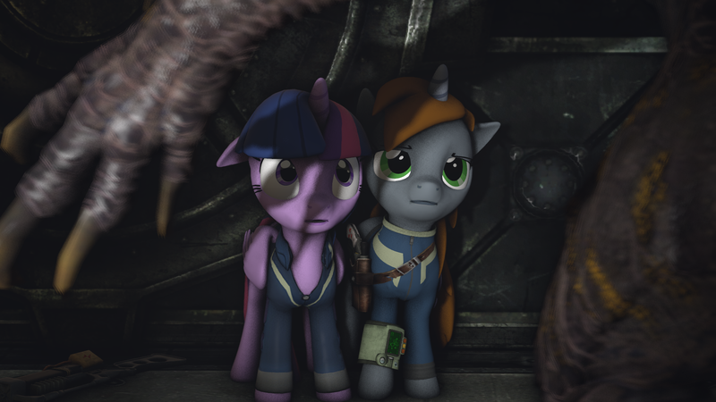 Size: 1920x1080 | Tagged: safe, artist:twijybe, derpibooru import, twilight sparkle, twilight sparkle (alicorn), oc, oc:littlepip, alicorn, deathclaw, pony, unicorn, fallout equestria, fanfic, 3d, clothes, fallout, fanfic art, female, floppy ears, gun, handgun, hooves, horn, little macintosh, mare, optical sight, pipbuck, revolver, source filmmaker, vault suit, weapon, wings