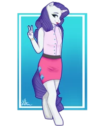 Size: 1024x1280 | Tagged: anthro, artist:sofilut, clothes, derpibooru import, lipstick, nail polish, peace sign, rarity, safe, skirt, solo, unguligrade anthro