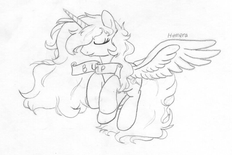 Size: 1036x693 | Tagged: 4chan, artist:midwestbrony, bump, derpibooru import, fluffy, fluffy mane, meme, /mlp/, monochrome, oc, oc:hemera, ponified, safe, traditional art