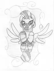 Size: 750x992 | Tagged: 4chan, artist:midwestbrony, cloud, derpibooru import, grayscale, /mlp/, monochrome, pegasus wings, safe, simple background, solo, traditional art, white background, zebra, zebrasus, zecora
