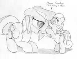 Size: 990x759 | Tagged: 4chan, artist:midwestbrony, blind, cute, derpibooru import, hnnng, /mlp/, monochrome, mother and daughter, oc, oc:primrose, oc:snowdrop, offspring, safe, traditional art, unofficial characters only