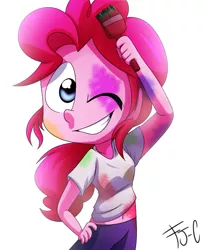 Size: 900x1100 | Tagged: safe, artist:fj-c, derpibooru import, pinkie pie, equestria girls, belly button, brush, clothes, grin, midriff, one eye closed, paint, shirt, smiling, solo, wink