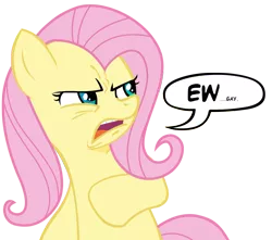 Size: 990x875 | Tagged: derpibooru import, disgusted, ew gay, fluttershy, looking at something, meme, safe, simple background, solo, speech bubble, transparent background, wingless