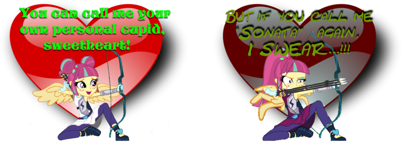 Size: 1664x591 | Tagged: safe, derpibooru import, sour sweet, equestria girls, friendship games, archery, arrow, bipolar, bow (weapon), bow and arrow, cupid, heart, hearts and hooves day, lasty's hearts, photoshop, simple, sour rage, threat, valentine, valentine's day, wings