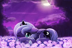 Size: 1125x750 | Tagged: safe, artist:lumineko, derpibooru import, princess luna, alicorn, pony, crown, cute, female, filly, flower, looking at you, lumineko is trying to murder us, lunabetes, moon, night, one eye closed, prone, solo, sweet dreams fuel, weapons-grade cute, wink, woona