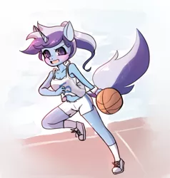 Size: 800x839 | Tagged: anthro, artist:lessue, basketball, belly button, clothes, derpibooru import, midriff, minuette, pixiv, plantigrade anthro, safe, shorts, solo, tanktop