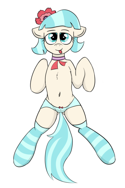 Size: 2200x3300 | Tagged: artist:sethisto, bedroom eyes, belly button, blue underwear, boyshorts, cameltoe, clothes, coco pommel, derpibooru import, female, floppy ears, looking at you, panties, questionable, ribbon, socks, solo, solo female, spreading, spread legs, striped socks, underass, underwear