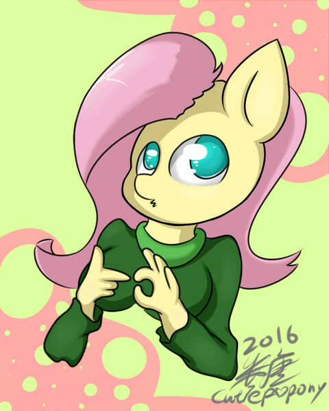 Size: 720x900 | Tagged: abstract background, anthro, artist:cutiepoppony, bust, clothes, derpibooru import, fluttershy, gesture, innuendo, looking at you, safe, solo, sweater, sweatershy