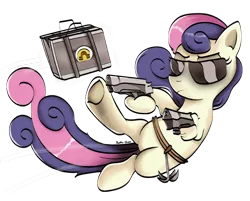 Size: 848x683 | Tagged: safe, artist:johesy, derpibooru import, bon bon, sweetie drops, earth pony, pony, briefcase, dual wield, female, grappling hook, gun, mare, secret agent sweetie drops, simple background, solo, sunglasses, transparent background, weapon