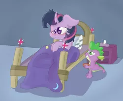 Size: 1100x900 | Tagged: artist:vengefulstrudel, bed, derpibooru import, safe, sick, spike, twilight sparkle