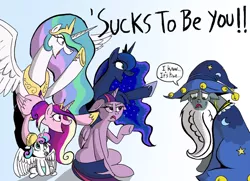 Size: 1051x760 | Tagged: safe, artist:godforoth, derpibooru import, princess cadance, princess celestia, princess flurry heart, princess luna, star swirl the bearded, twilight sparkle, twilight sparkle (alicorn), alicorn, pony, spoiler:s06, alicorn pentarchy, bullying, crying, dialogue, dude not funny, female, floppy ears, frown, gradient background, horseshoes, lidded eyes, mare, open mouth, out of character, pacifier, pointing, sad, sexism, sitting, smiling, song reference, spread wings, sucks to be him, underhoof