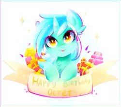 Size: 1861x1639 | Tagged: safe, artist:koveliana, derpibooru import, lyra heartstrings, banner, birthday cake, cake, chest fluff, chromatic aberration, color porn, cute, ear fluff, food, lyrabetes, present, solo, sparkles, starry eyes, tongue out, wingding eyes