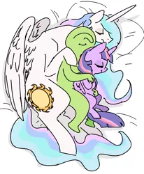 Size: 687x834 | Tagged: safe, artist:nobody, derpibooru import, princess celestia, twilight sparkle, twilight sparkle (alicorn), oc, oc:anon, alicorn, human, pony, bed, bedsheets, bellyrubs, casual nudity, cuddle puddle, cuddling, cute, eyes closed, female, food, grope, happy, human on pony snuggling, interspecies, lying down, mare, momlestia, nudity, pillow, sandwich, side, size difference, sleeping, sleeping in the nude, smiling, snuggling, spooning