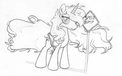 Size: 1036x642 | Tagged: safe, artist:midwestbrony, derpibooru import, oc, oc:hemera, unofficial characters only, alicorn, pony, /mlp/, 4chan, alicorn oc, bump, meta, monochrome, pun, sign, traditional art, windswept mane