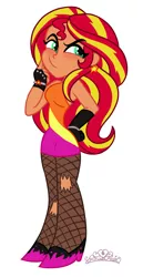 Size: 854x1653 | Tagged: safe, artist:princesscallyie, derpibooru import, edit, sunset shimmer, equestria girls, clothes, dark skin, dress, earring, fishnets, high heels, latin, latina, looking at you, pantyhose, piercing, ripped pantyhose, shoes, smug, solo