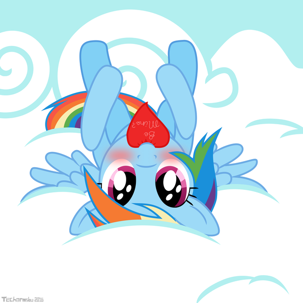 Size: 4000x4000 | Tagged: safe, artist:techarmsbu, derpibooru import, rainbow dash, pegasus, pony, blushing, bronybait, c:, cloud, cute, dashabetes, floppy ears, heart, hearts and hooves day, legs in air, looking at you, mouth hold, nom, on back, smiling, solo, spread wings, upside down, valentine's day