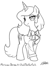 Size: 1000x1309 | Tagged: safe, artist:johnjoseco, derpibooru import, oc, oc:platinum decree, unofficial characters only, pony, unicorn, blazer, clothes, earring, female, grayscale, looking at you, mare, monochrome, piercing, ribbon, smiling, solo, suit