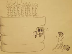 Size: 1280x960 | Tagged: safe, artist:nom-sympony, derpibooru import, oc, oc:pepper dust, unofficial characters only, birthday cake, cake, food, pop out cake, tongue out, traditional art