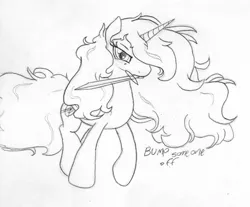 Size: 913x756 | Tagged: safe, artist:midwestbrony, derpibooru import, oc, oc:hemera, unofficial characters only, alicorn, pony, /mlp/, 4chan, alicorn oc, bump, monochrome, mouth hold, pun, sword, threatening, traditional art, weapon