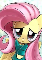 Size: 429x607 | Tagged: safe, artist:dori-to, derpibooru import, part of a set, fluttershy, pegasus, pony, clothes, cute, female, looking at you, shyabetes, smiling, solo, sweater, sweatershy