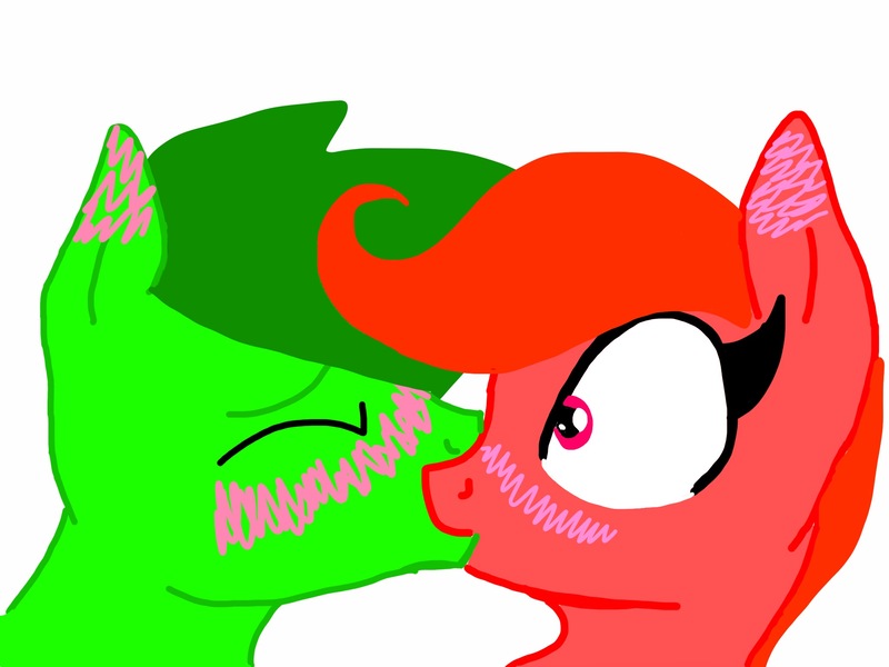 Size: 2048x1536 | Tagged: safe, artist:rihanna bell pepper, derpibooru import, oc, oc:green jelly, oc:rihanna bell pepper, unofficial characters only, embarrassed, female, kissing, male, oc x oc, shipping, straight, trace