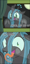 Size: 2388x5086 | Tagged: safe, artist:badumsquish, derpibooru import, queen chrysalis, changeling, changeling queen, fairy, adoracreepy, against glass, bronybait, creepy, curtain, cute, cutealis, dialogue, drool, dude let me in, fangs, female, frog (hoof), glass, i'm a fairy, impossibly long tongue, licking, looking at you, mare, meme, moon, night, open mouth, seems legit, smiling, solo, talking to viewer, tongue out, underhoof, wide eyes, window, window licking