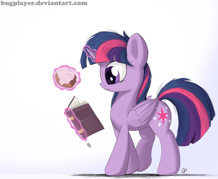 Size: 2800x2300 | Tagged: safe, artist:bugplayer, derpibooru import, twilight sparkle, twilight sparkle (alicorn), alicorn, pony, book, bread, bugplayer is trying to murder us, cinnamon bun, cute, female, food, magic, mare, solo, twiabetes