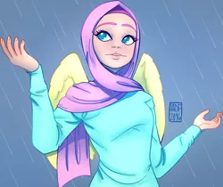 Size: 866x726 | Tagged: artist:alvrexadpot, clothes, derpibooru import, fluttershy, hijab, human, humanized, islamashy, looking away, looking up, rain, safe, solo, sweater, sweatershy, winged humanization