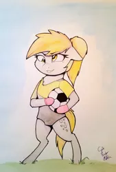 Size: 2120x3137 | Tagged: safe, artist:captainpudgemuffin, derpibooru import, derpy hooves, pegasus, pony, semi-anthro, 4chan cup, ball, bipedal, chest fluff, clothes, commission, cute, derpabetes, football, jersey, mittens, nose wrinkle, ponytail, safest hooves, solo