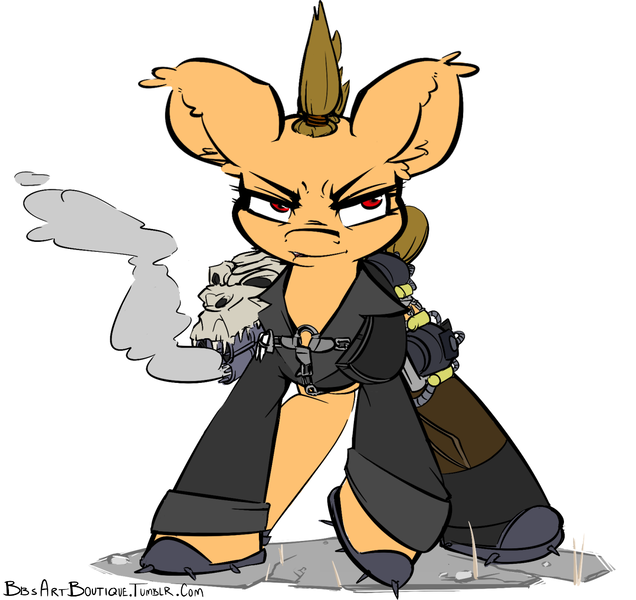 Size: 1280x1208 | Tagged: angry, artist:bbsartboutique, boots, clothes, derpibooru import, diablo canyon, fallout, fallout equestria, flamethrower, jacket, mohawk, oc, oc:torchlight, raider, safe, skull, solo, spikes, unofficial characters only, weapon