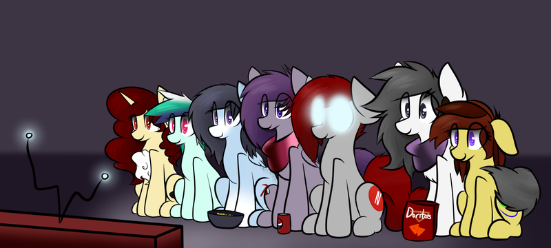 Size: 1280x576 | Tagged: artist:nom-sympony, chips, derpibooru import, doritos, food, glasses, oc, oc:cirrus tail, oc:pepci, oc:pepper dust, oc:prench silk, oc:spearmint, safe, television, unofficial characters only