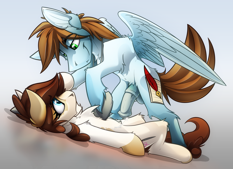 Size: 4136x3016 | Tagged: explicit, artist:ralek, derpibooru import, oc, oc:charlie, oc:sorren, unofficial characters only, pegasus, pony, absurd resolution, balls, blue eyes, charren, colored, couple, cutie mark, female, green eyes, male, necklace, nudity, penis, precum, smirk, straight