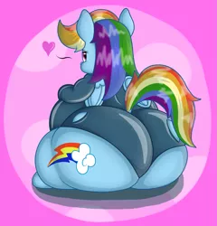 Size: 1425x1483 | Tagged: suggestive, artist:dullpoint, derpibooru import, rainbow dash, pony, ass, belly, dock, fat, female, heart, huge butt, large butt, latex, leotard, looking at you, looking back, obese, rainblob dash, rainbutt dash, solo, solo female, the ass was fat, tumblr, wardrobe malfunction