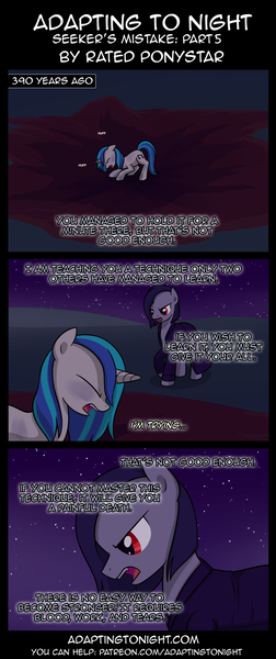 Size: 850x2020 | Tagged: safe, artist:terminuslucis, derpibooru import, vinyl scratch, pony, unicorn, vampire, comic:adapting to night, comic:adapting to night: seeker's mistake, comic, flashback