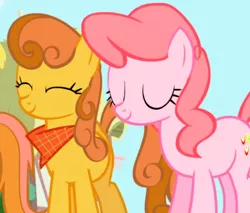 Size: 700x596 | Tagged: safe, derpibooru import, screencap, ginger gold, pink lady, unnamed pony, earth pony, pony, friendship is magic, season 1, apple family member, background pony, cropped, duo, duo focus, eyes closed, female, mare, neckerchief, smiling