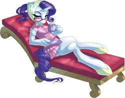 Size: 1587x1238 | Tagged: safe, artist:kittehkatbar, derpibooru import, rarity, anthro, unguligrade anthro, unicorn, camping outfit, clothes, couch, female, food, glasses, glasses rarity, hooves, raritea, simple background, solo, sunglasses, tea, transparent background