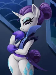 Size: 930x1250 | Tagged: safe, artist:sunbusting, derpibooru import, rarity, semi-anthro, unicorn, the cutie re-mark, alternate timeline, both cutie marks, clothes, eyeshadow, female, judging, looking down, makeup, mare, mascara, night maid rarity, nightmare takeover timeline, solo, suit