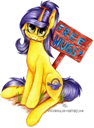 Size: 1024x1390 | Tagged: safe, artist:julunis14, derpibooru import, oc, oc:tulipan, unofficial characters only, pony, unicorn, :3, blushing, cute, free hugs, heart, mouth hold, paintbrush, sign, simple background, sitting, traditional art, transparent background