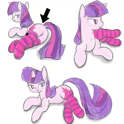 Size: 3000x3000 | Tagged: safe, artist:fromamida, derpibooru import, twilight sparkle, pony, unicorn, clothes, dock, featureless crotch, female, looking back, mare, plot, simple background, smiling, socks, solo, striped socks, twibutt, white background