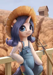 Size: 1024x1449 | Tagged: dead source, safe, artist:maggwai, derpibooru import, rarity, pony, unicorn, simple ways, barn, bipedal, bipedal leaning, farmer, female, fence, field, hat, mare, overalls, pitchfork, rarihick, scenery, solo, straw hat