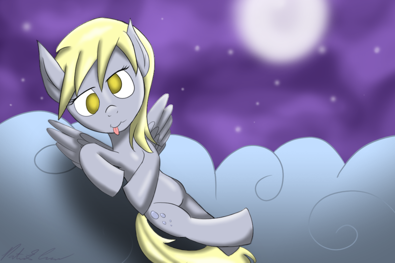 Size: 1080x720 | Tagged: safe, artist:brightsparkdev, derpibooru import, derpy hooves, pegasus, pony, female, mare, solo, tongue out