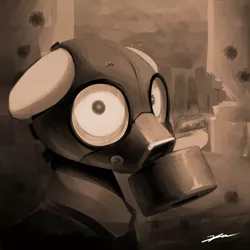 Size: 1000x1000 | Tagged: apocalypse, artist:gasmaskfox, derpibooru import, gas mask, ruins, semi-grimdark, solo