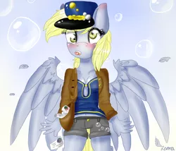 Size: 1024x878 | Tagged: anthro, artist:mojmojsanna, belly button, blushing, cleavage, clothes, derpibooru import, derpy hooves, feather, female, hat, jacket, letter, mailmare, midriff, safe, shorts, solo, spread wings, watermark