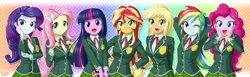 Size: 2366x733 | Tagged: safe, artist:uotapo, derpibooru import, applejack, fluttershy, pinkie pie, rainbow dash, rarity, sunset shimmer, twilight sparkle, twilight sparkle (alicorn), equestria girls, beautiful, book, breast rest, breasts, busty applejack, busty fluttershy, clothes, colored pupils, cute, dashabetes, diapinkes, female, happy, humane seven, inanaki memorial, jackabetes, looking at you, mane six, open mouth, raribetes, school uniform, shimmerbetes, shyabetes, smiling, twiabetes, uotapo is trying to murder us, weapons-grade cute, wink