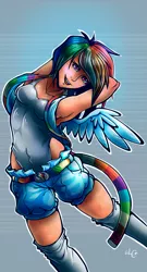 Size: 1000x1852 | Tagged: armpits, artist:cameil, clothes, derpibooru import, freckles, human, humanized, leotard, rainbow dash, safe, scarf, shorts, smiling, socks, solo, thigh highs, winged humanization